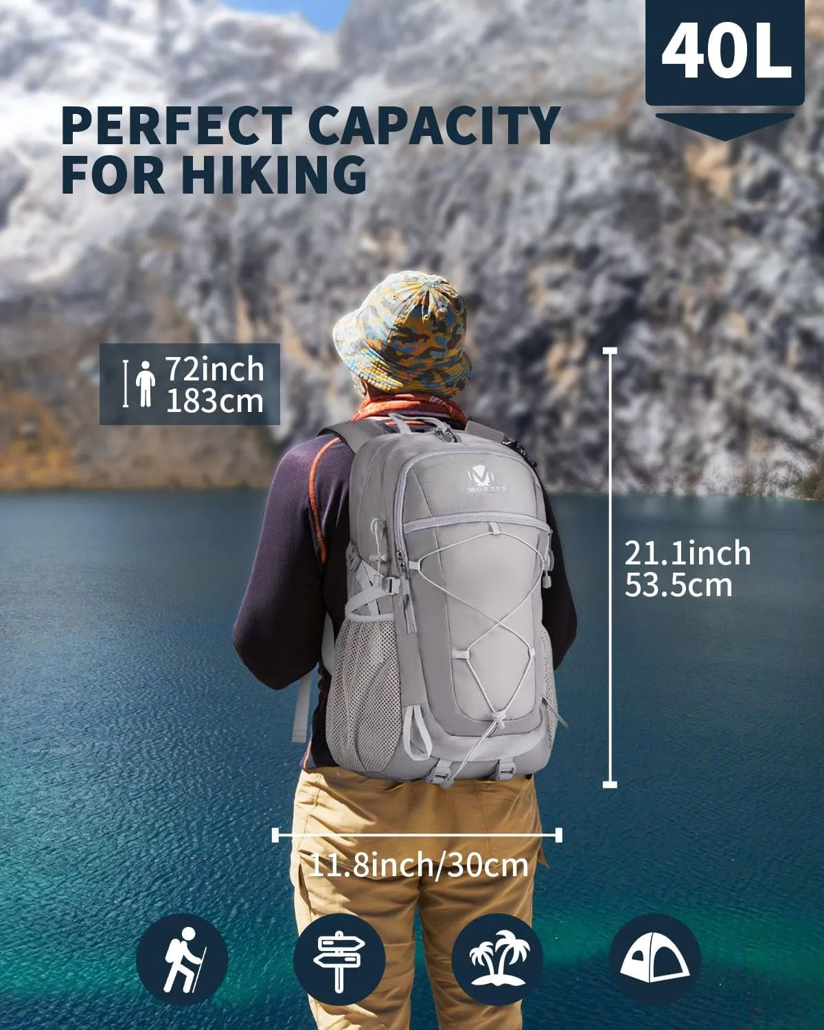 40L Hiking Backpack Lightweight Water Resistant Camping Outdoor Sport Trekking Travel Daypack for Men WomenGrey A