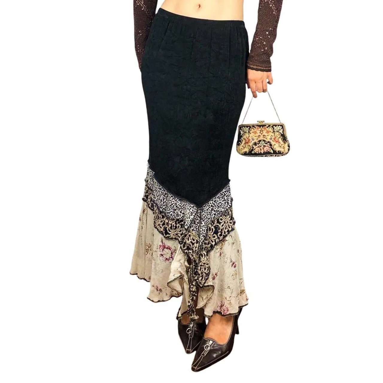 90s Slinky Ruffle Hem Patchwork Maxi Skirt (M)