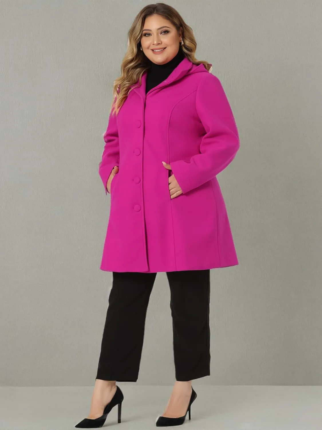 Agnes Orinda Peacoat for Women Plus Size Elegant Single Breasted Detachable Hooded Overcoat Trench Coat Jacket