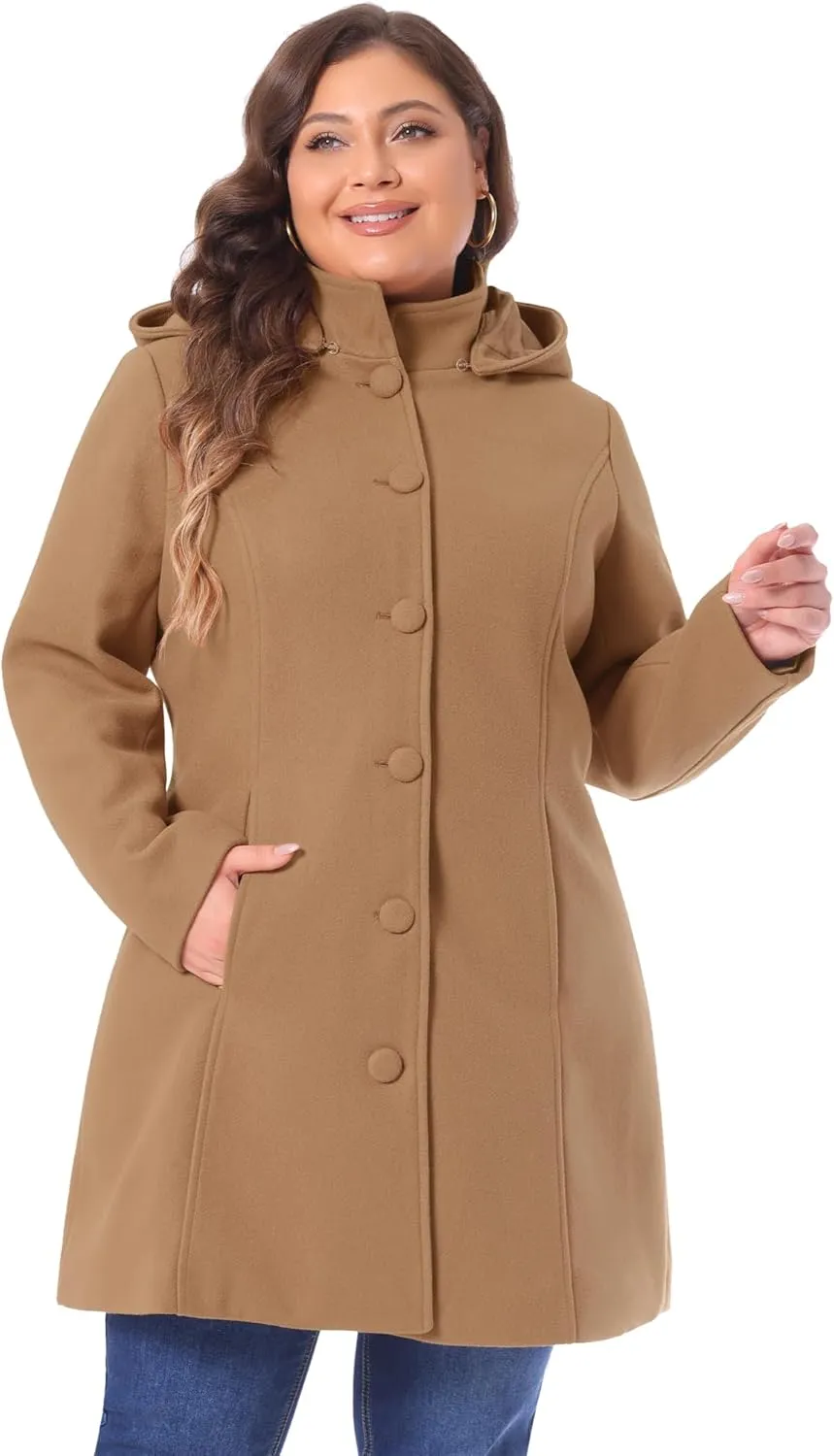 Agnes Orinda Peacoat for Women Plus Size Elegant Single Breasted Detachable Hooded Overcoat Trench Coat Jacket