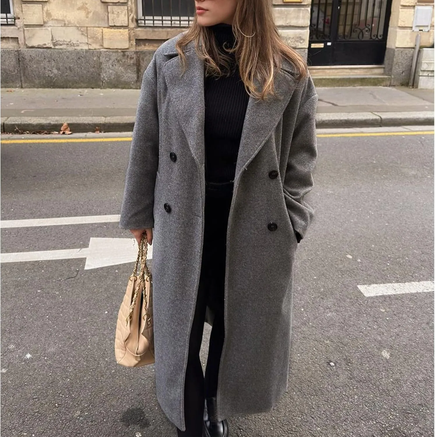Ainangua Womens Fashion Pea Coat Casual Long Double Breasted Notch Lapel Trench Coats Warm Peacoat Fall Winter Jacket