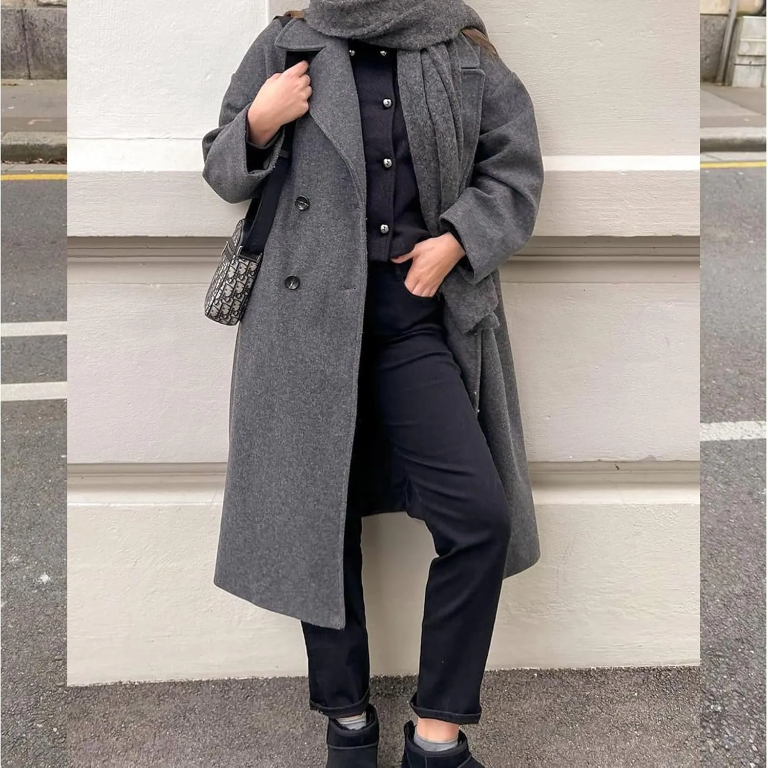 Ainangua Womens Fashion Pea Coat Casual Long Double Breasted Notch Lapel Trench Coats Warm Peacoat Fall Winter Jacket