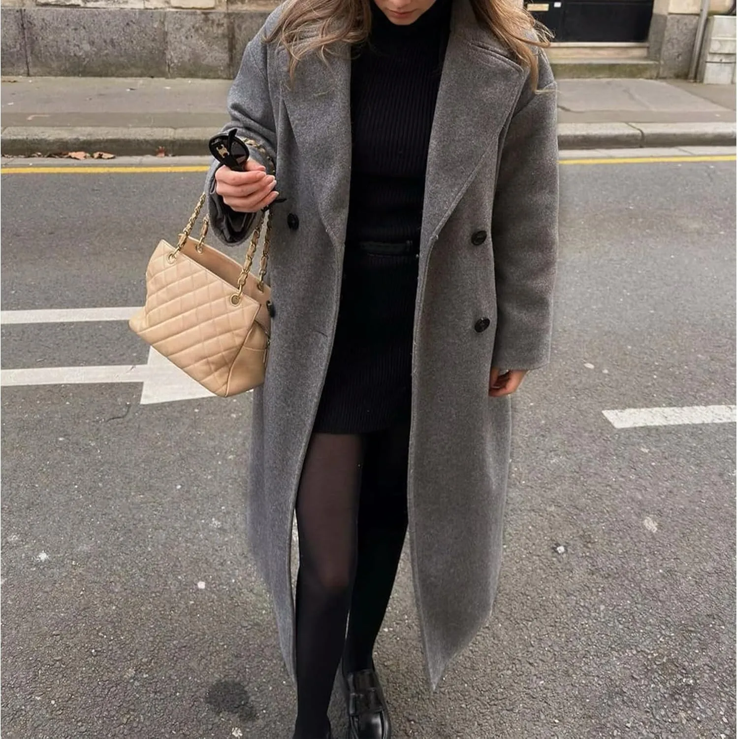 Ainangua Womens Fashion Pea Coat Casual Long Double Breasted Notch Lapel Trench Coats Warm Peacoat Fall Winter Jacket