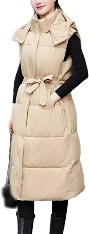 Autumn Winter Down Cotton Waistcoat Womens Long Cotton-Padded Vests Windproof Hooded Puffer Parkas Warm Snow Coats