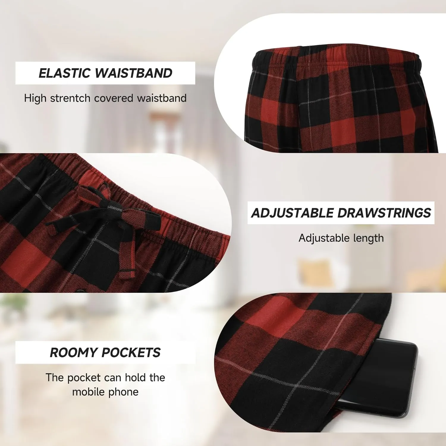 BAMBOO COOL Men's Pajama Shorts Plaid Sleep Short Pants with Pockets Soft Lounge Woven Pajamas Bottoms for Men