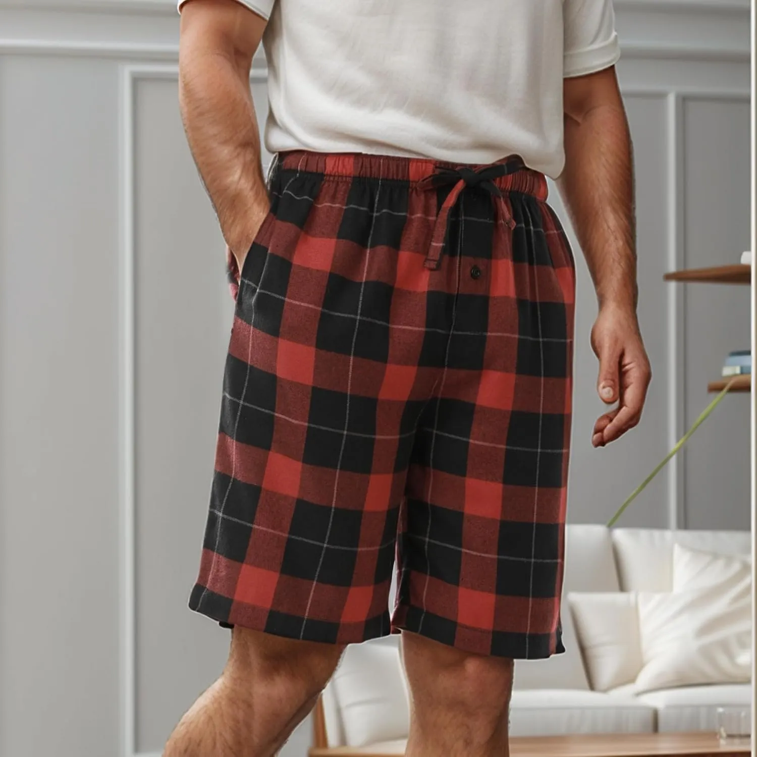 BAMBOO COOL Men's Pajama Shorts Plaid Sleep Short Pants with Pockets Soft Lounge Woven Pajamas Bottoms for Men