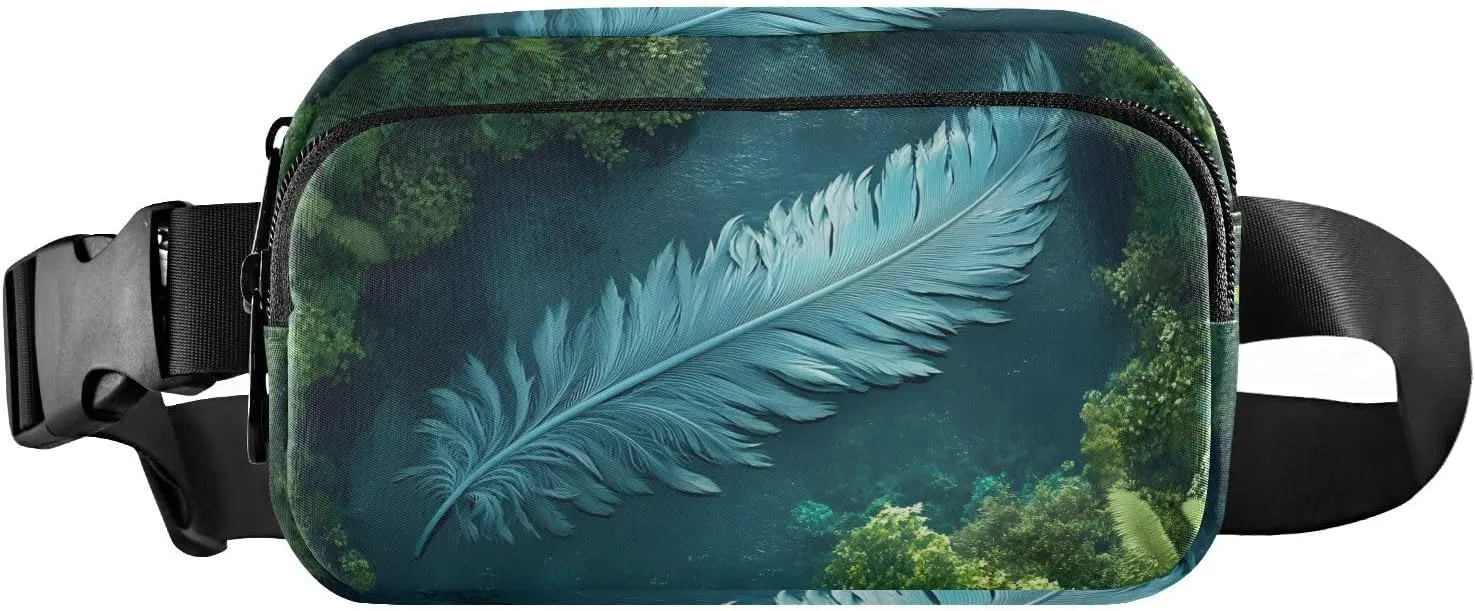 Big Feather Fanny Pack Water Resistant Waist Pack Sling Bag Purse for Women Men Travel Hiking