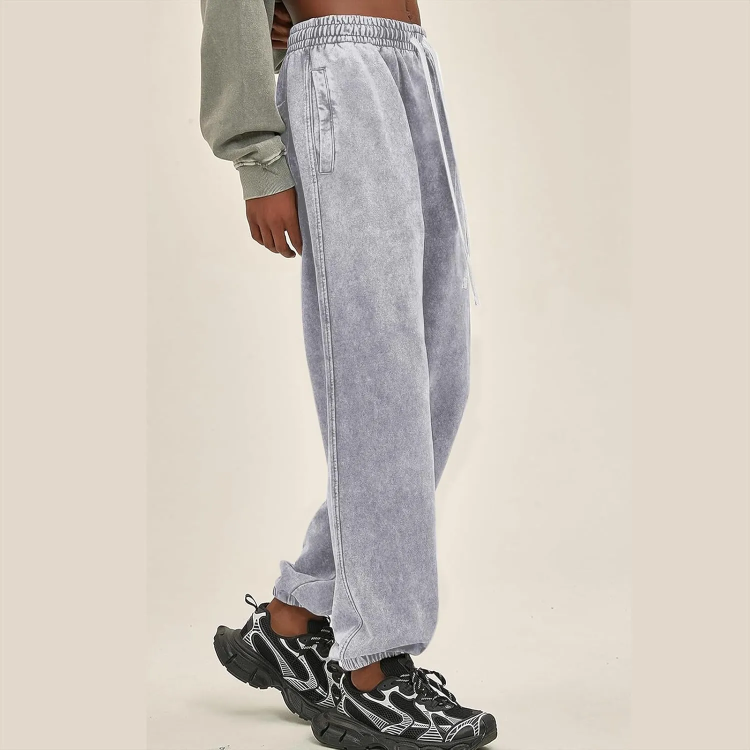 BINTEHGS Baggy Wide Leg Acid Wash Sweatpants Women Vintage Loose Pants High Waisted Joggers with Pockets Casual Streetwear