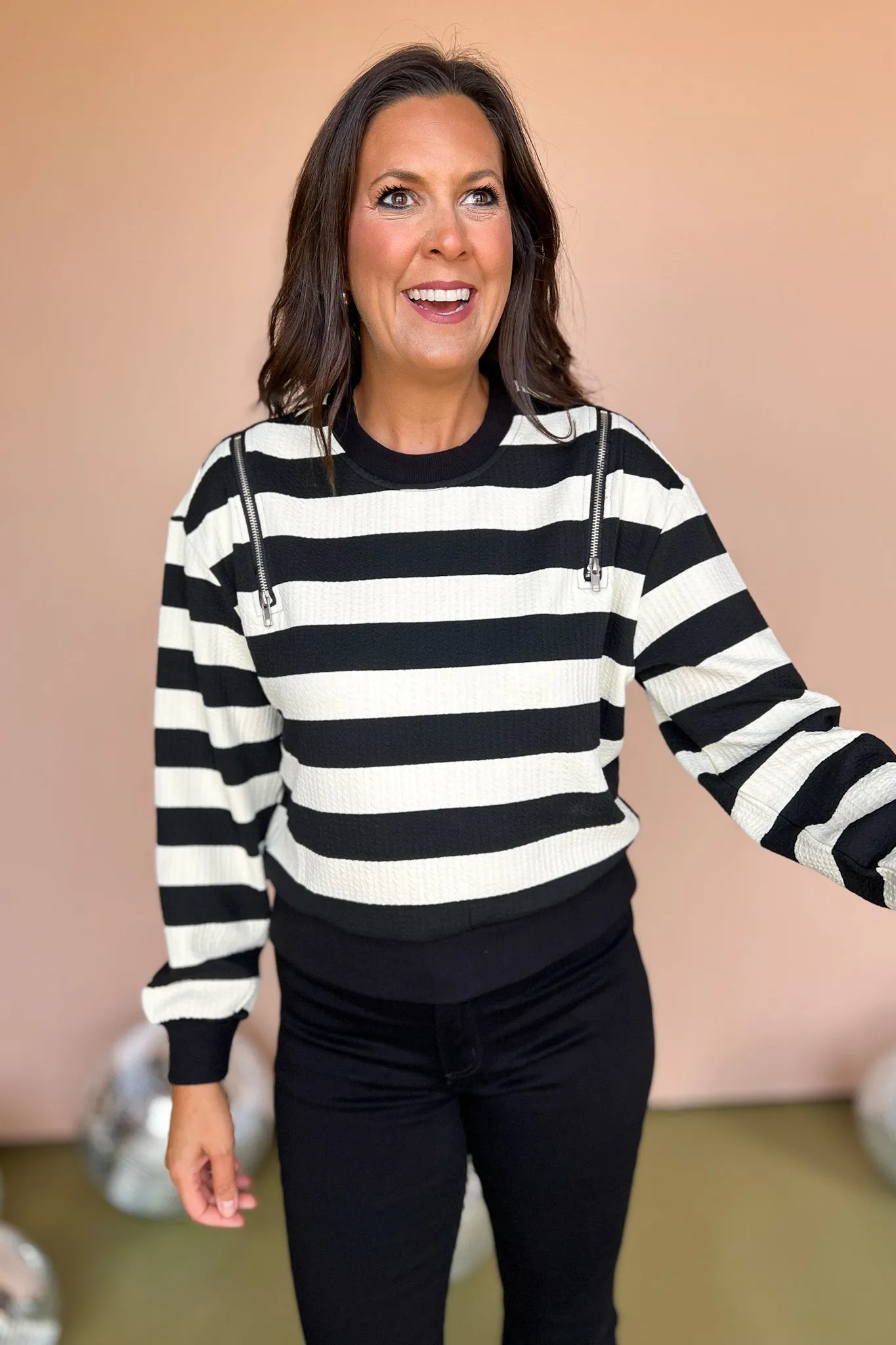Black Stripe Shoulder Zipper Detail Top *FINAL SALE*