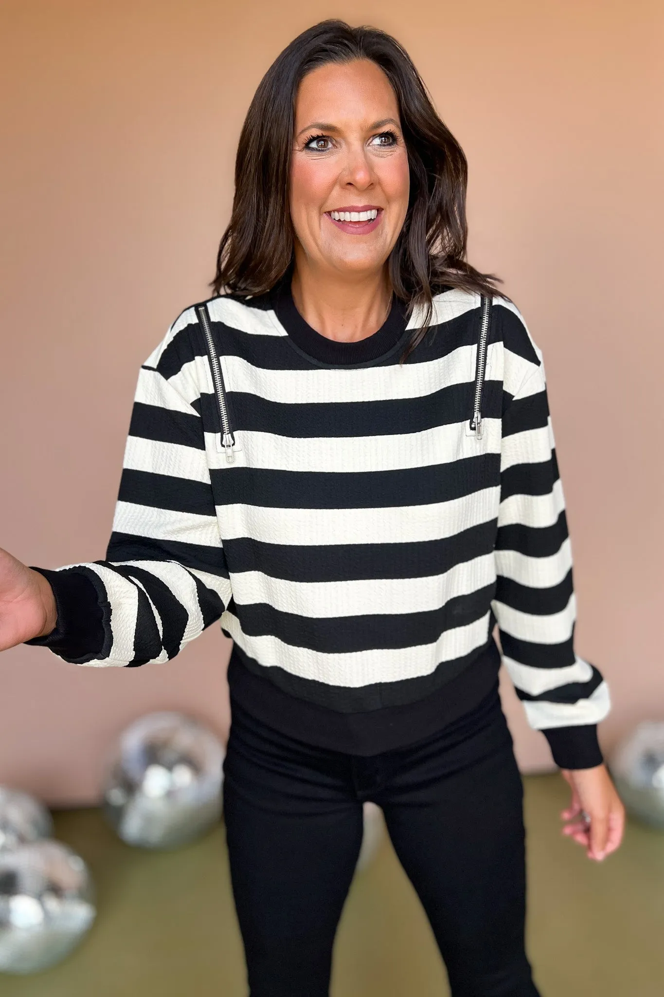 Black Stripe Shoulder Zipper Detail Top *FINAL SALE*