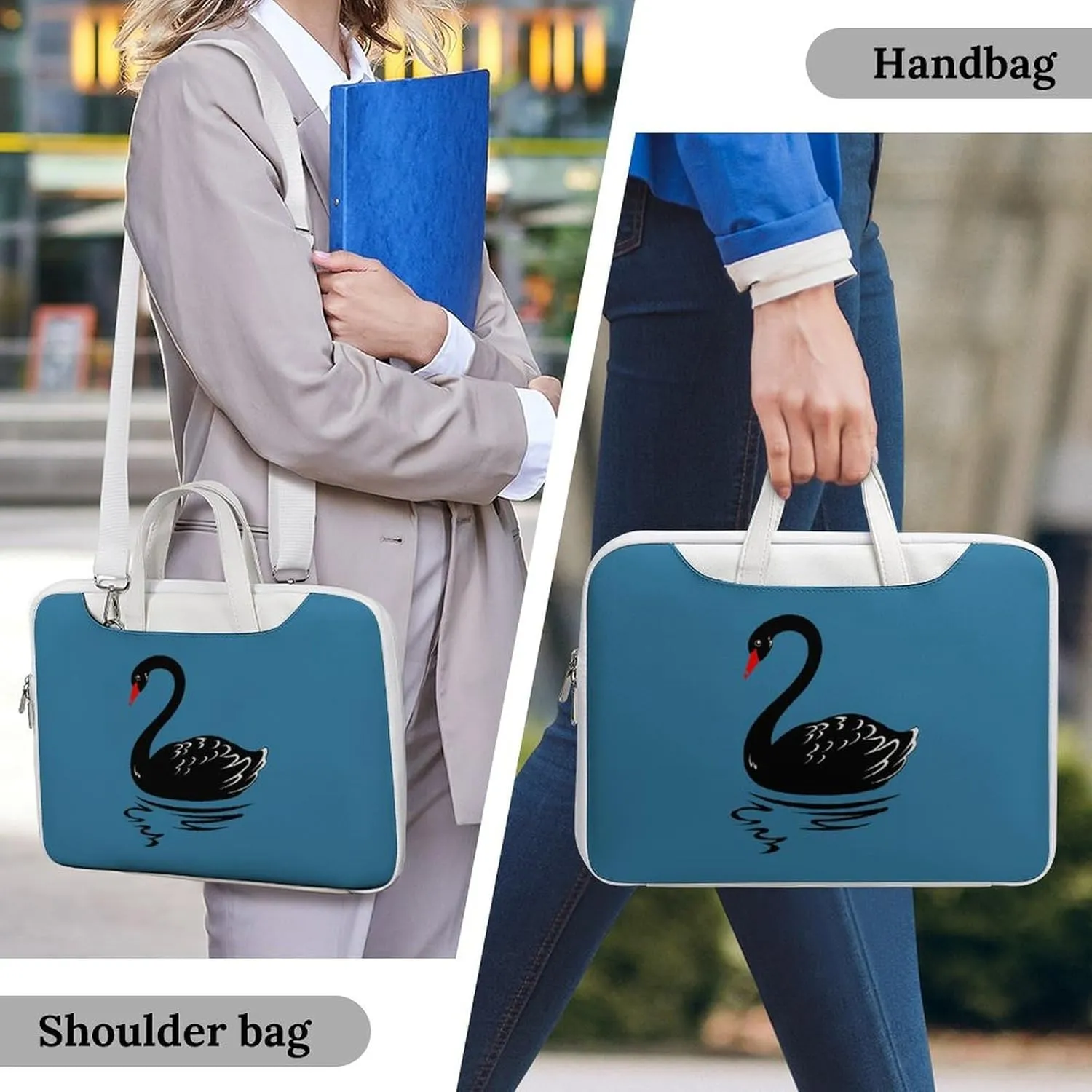 Black Swans Leather Bag Laptop Case Slim Water Resistant Computer Bags with Handle Briefcase for Work