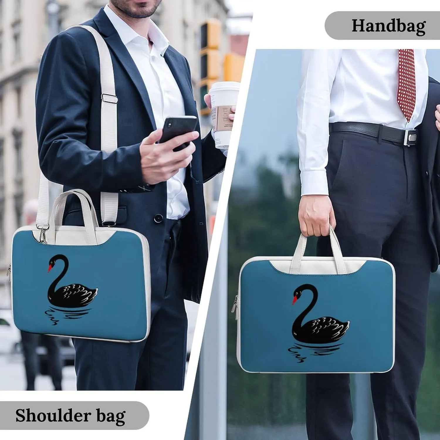 Black Swans Leather Bag Laptop Case Slim Water Resistant Computer Bags with Handle Briefcase for Work