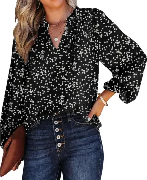 Boho Tops for Women Oversized V Neck Long Sleeve T Shirts Loose Comfy Print Pleated Tshirts Summer Pullover Blouses
