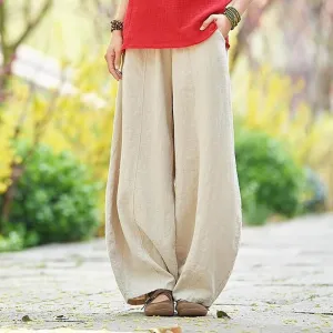 Boho Wide Leg Linen Pants for Women Summer Loose Pleated Elastic Waist Baggy Pants with Pockets Plus Size