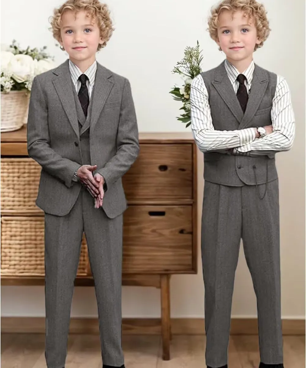 Boys Tweed Suit 3 Piece Tuxedo Suit for Boys Two Button Suits Jackets Vest Pants Set for Kid