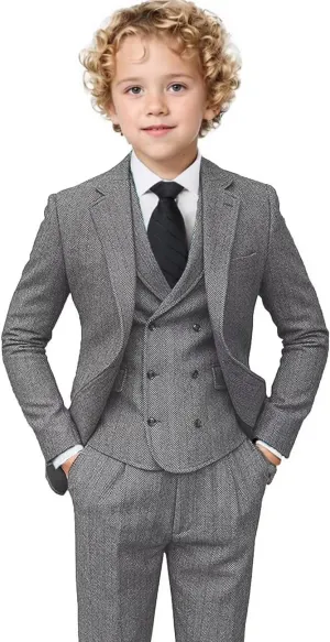 Boys Tweed Suit 3 Piece Tuxedo Suit for Boys Two Button Suits Jackets Vest Pants Set for Kid