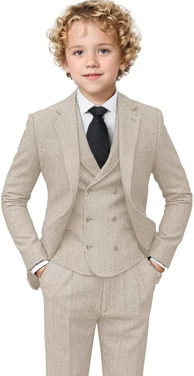 Boys Tweed Suit 3 Piece Tuxedo Suit for Boys Two Button Suits Jackets Vest Pants Set for Kid