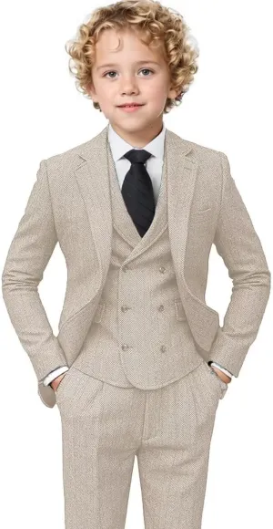 Boys Tweed Suit 3 Piece Tuxedo Suit for Boys Two Button Suits Jackets Vest Pants Set for Kid