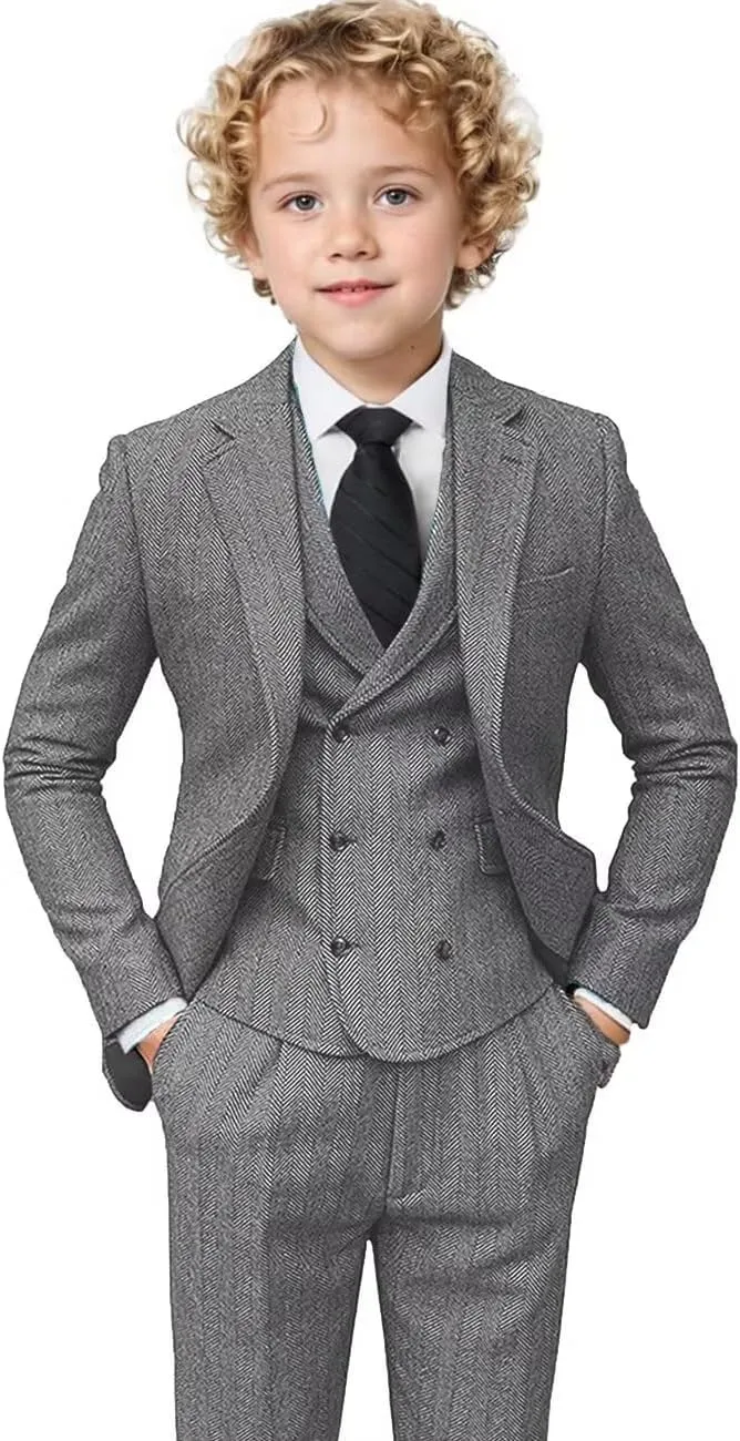 Boys Tweed Suit 3 Piece Tuxedo Suit for Boys Two Button Suits Jackets Vest Pants Set for Kid