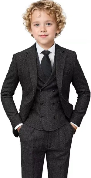 Boys Tweed Suit 3 Piece Tuxedo Suit for Boys Two Button Suits Jackets Vest Pants Set for Kid