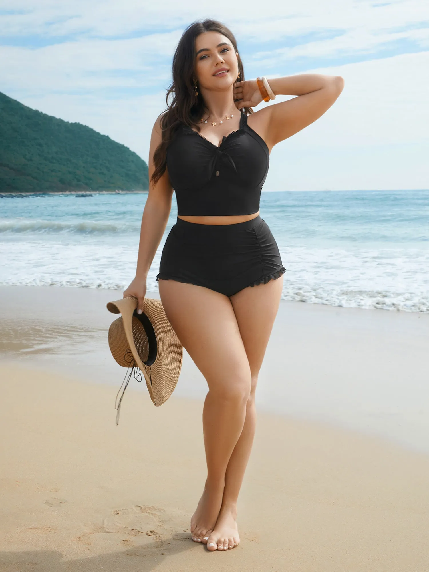 Bust Knot-Tie Ruffle Trim Supportive Swim Top