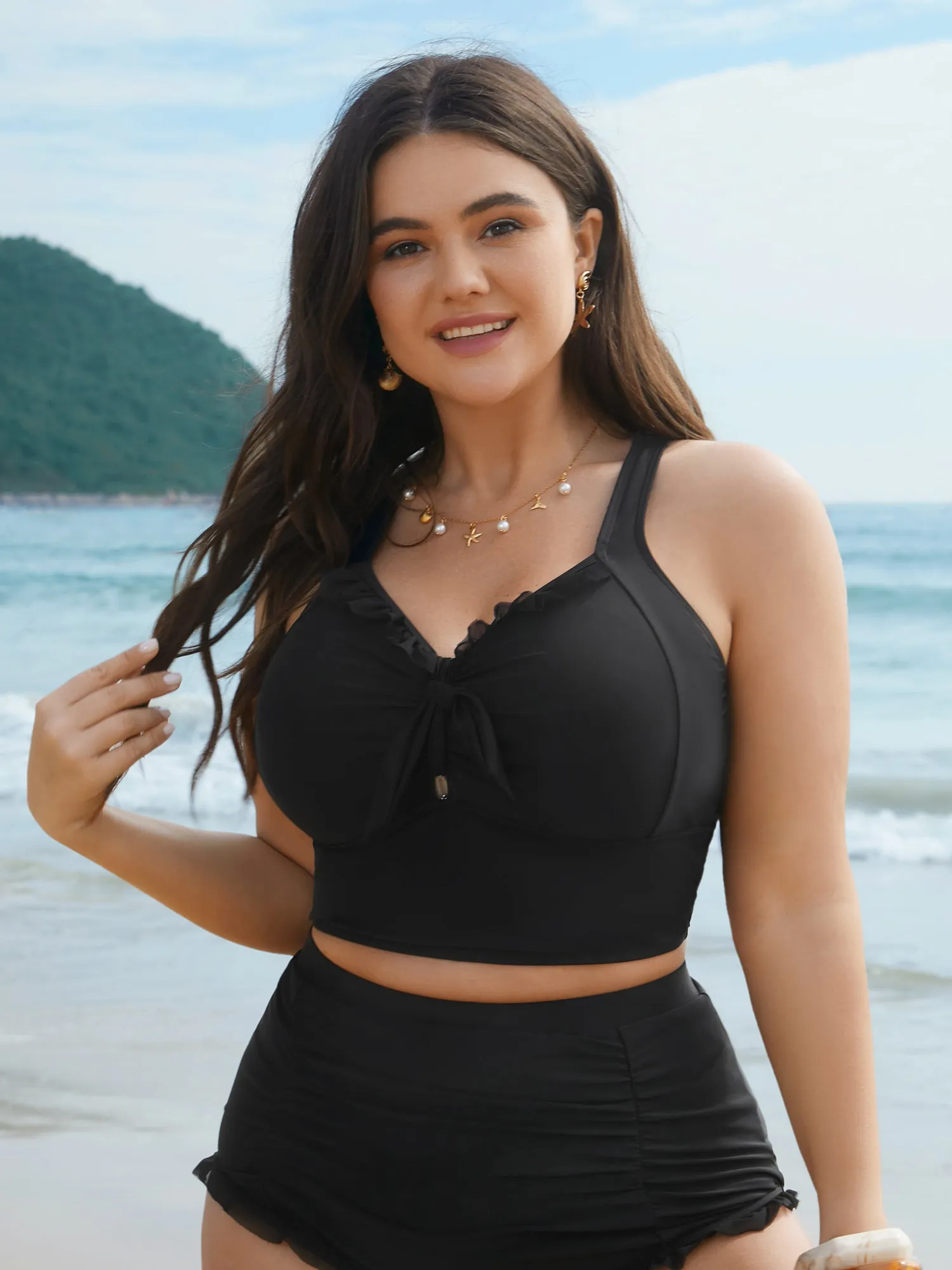 Bust Knot-Tie Ruffle Trim Supportive Swim Top