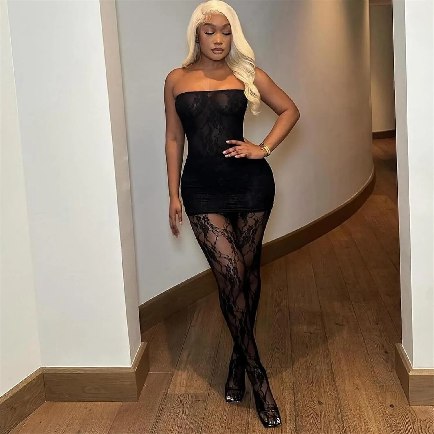 CALEBGAR 2 Piece Sets for Women See Through Bodycon Lace Tube Top Dress Sheer Sheer Tights Legging Sets Y2k Sexy Club Outfits