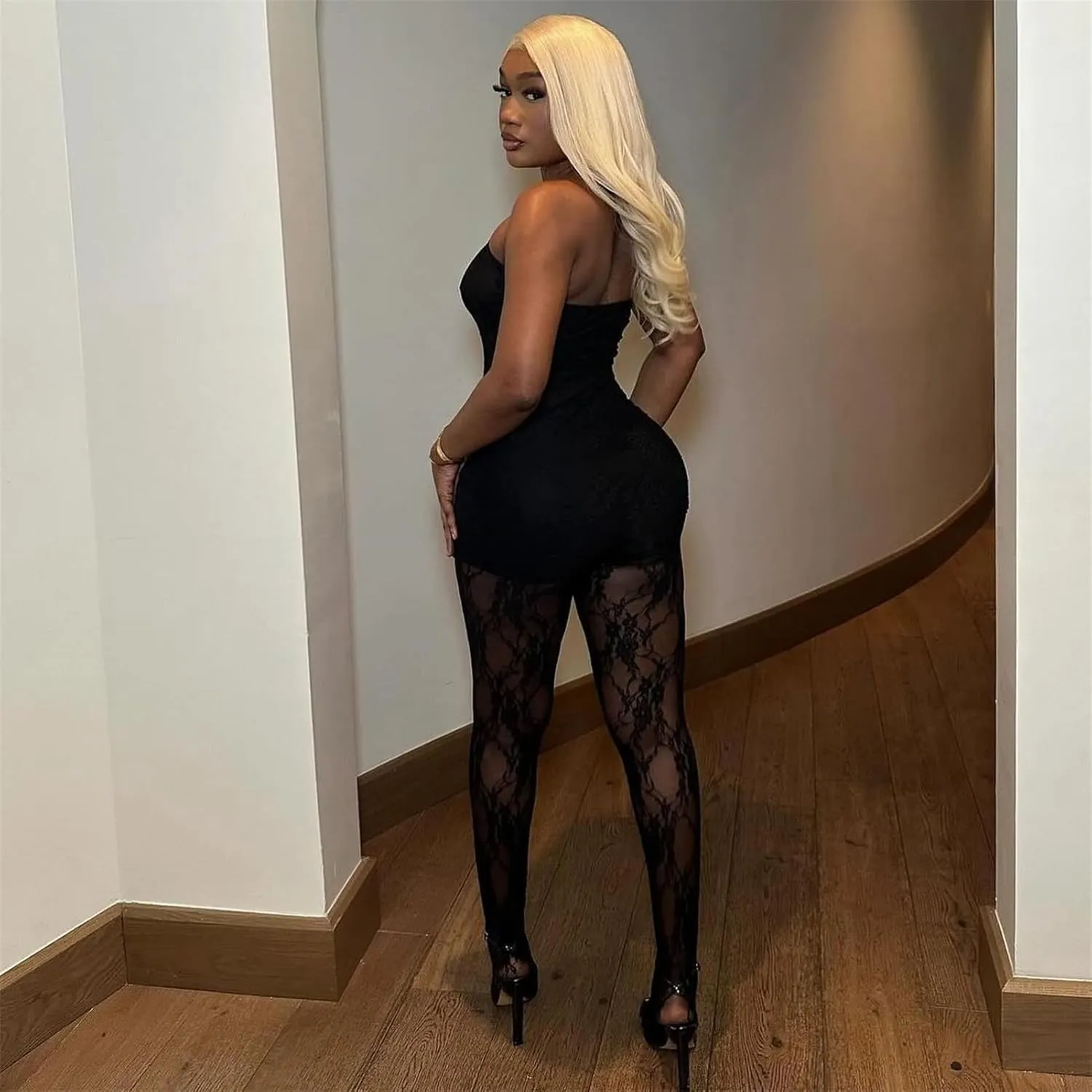 CALEBGAR 2 Piece Sets for Women See Through Bodycon Lace Tube Top Dress Sheer Sheer Tights Legging Sets Y2k Sexy Club Outfits