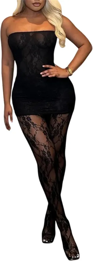 CALEBGAR 2 Piece Sets for Women See Through Bodycon Lace Tube Top Dress Sheer Sheer Tights Legging Sets Y2k Sexy Club Outfits