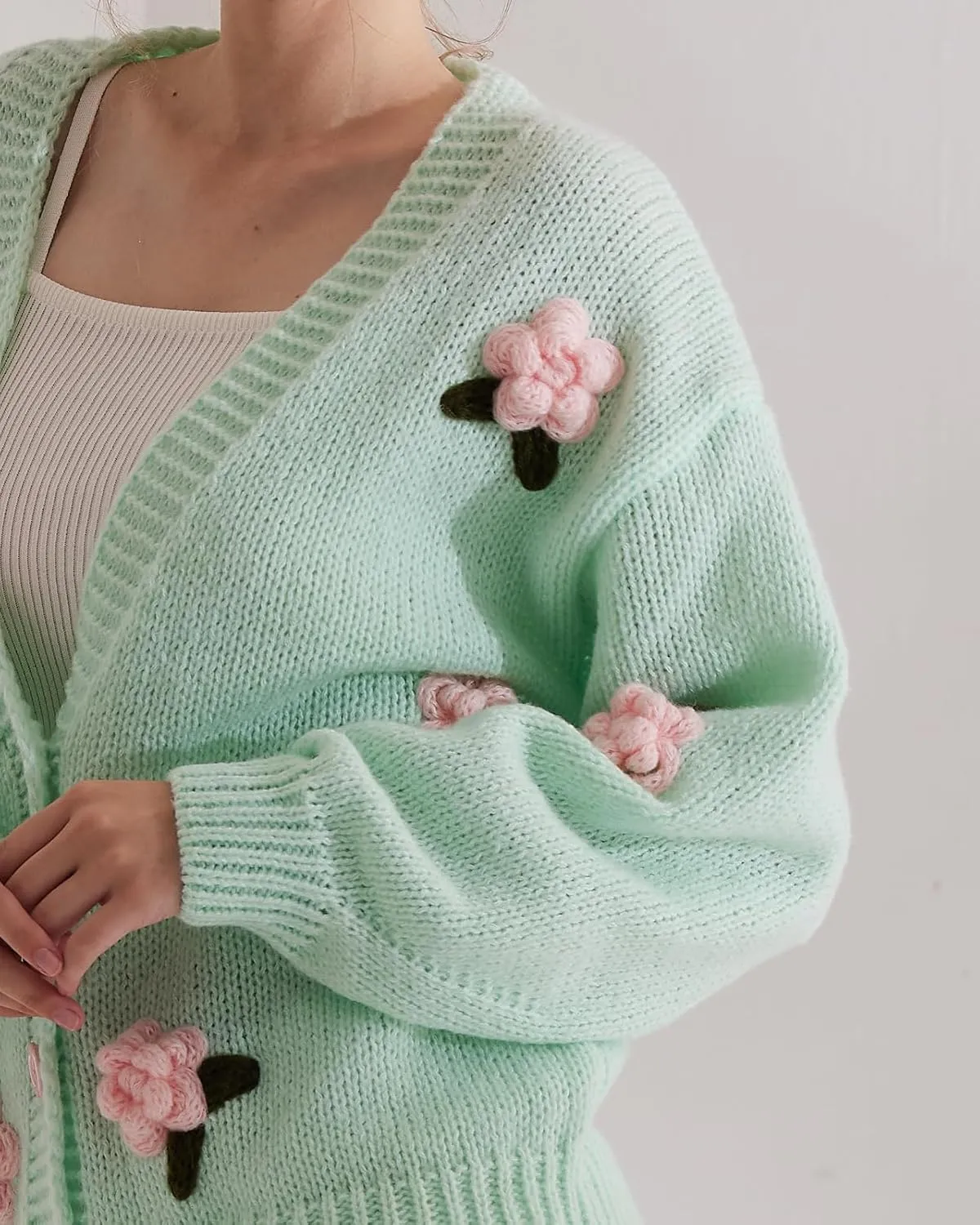 Cardigan Sweater for Women, Long Sleeve V-Neck Button Knit Flower Outfit