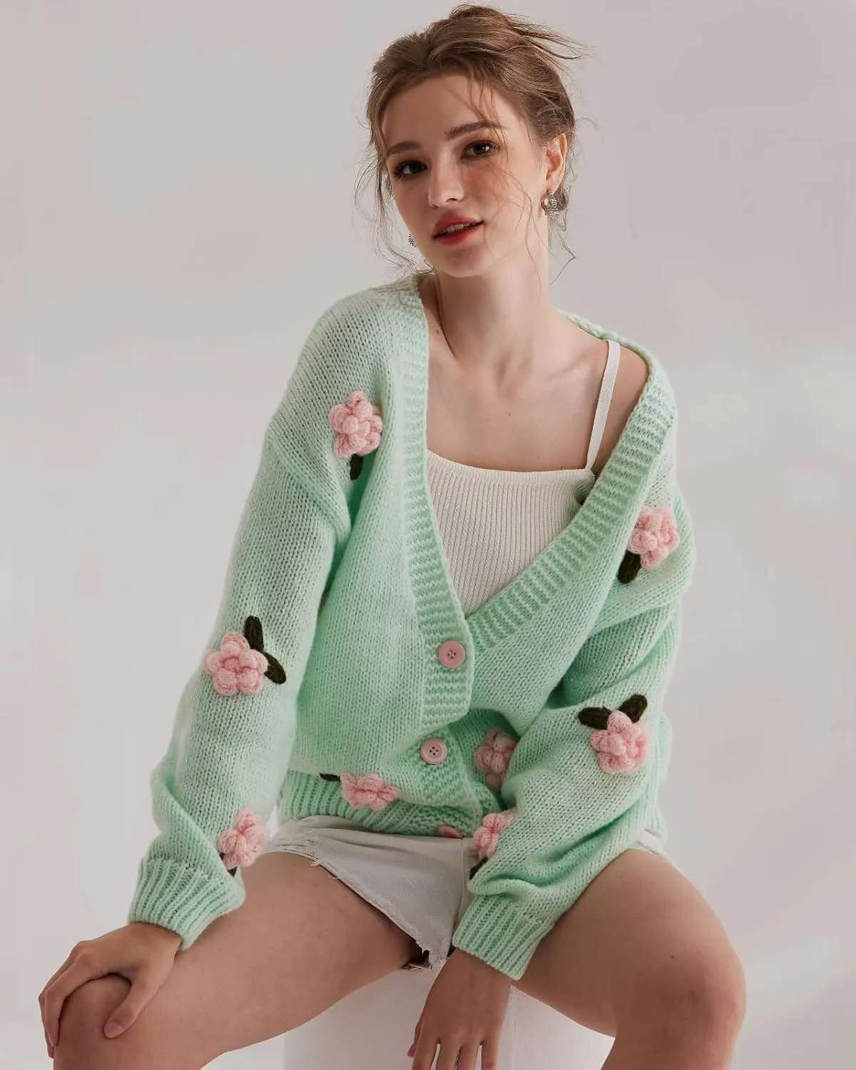 Cardigan Sweater for Women, Long Sleeve V-Neck Button Knit Flower Outfit