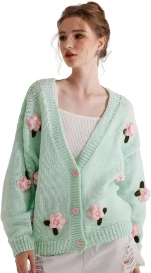 Cardigan Sweater for Women, Long Sleeve V-Neck Button Knit Flower Outfit