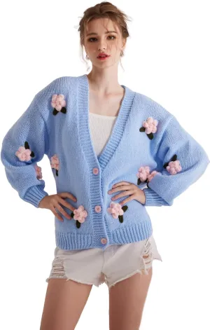 Cardigan Sweater for Women, Long Sleeve V-Neck Button Knit Flower Outfit