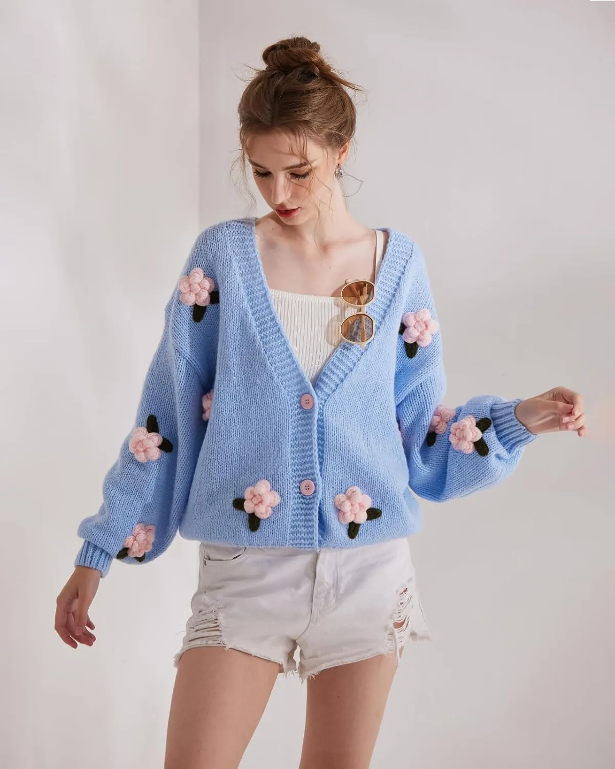 Cardigan Sweater for Women, Long Sleeve V-Neck Button Knit Flower Outfit