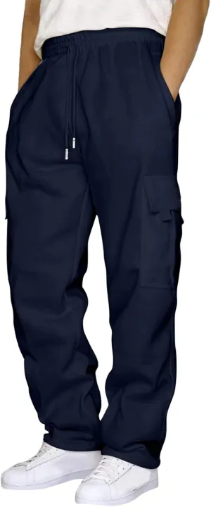 Cargo Sweatpants for Men Heavyweight Fleece Baggy Elastic Waist Drawstring Joggers Fall Trousers with Pockets