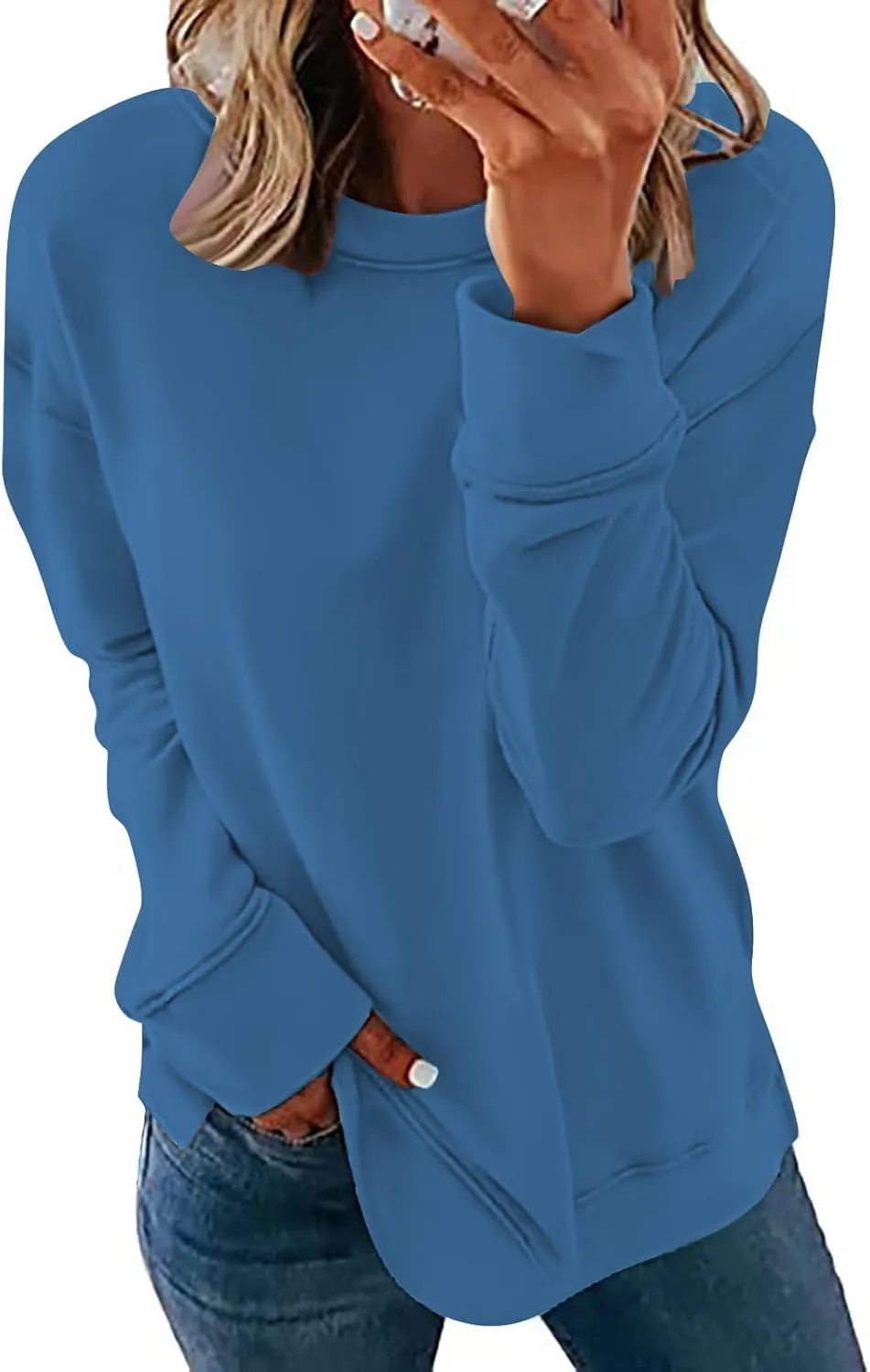 Ceboyel Womens Long Sleeve Shirts 2023 Solid Color Crew Neck Sweatshirts Loose Fit Pullover Tops Trendy Casual Fall Clothes