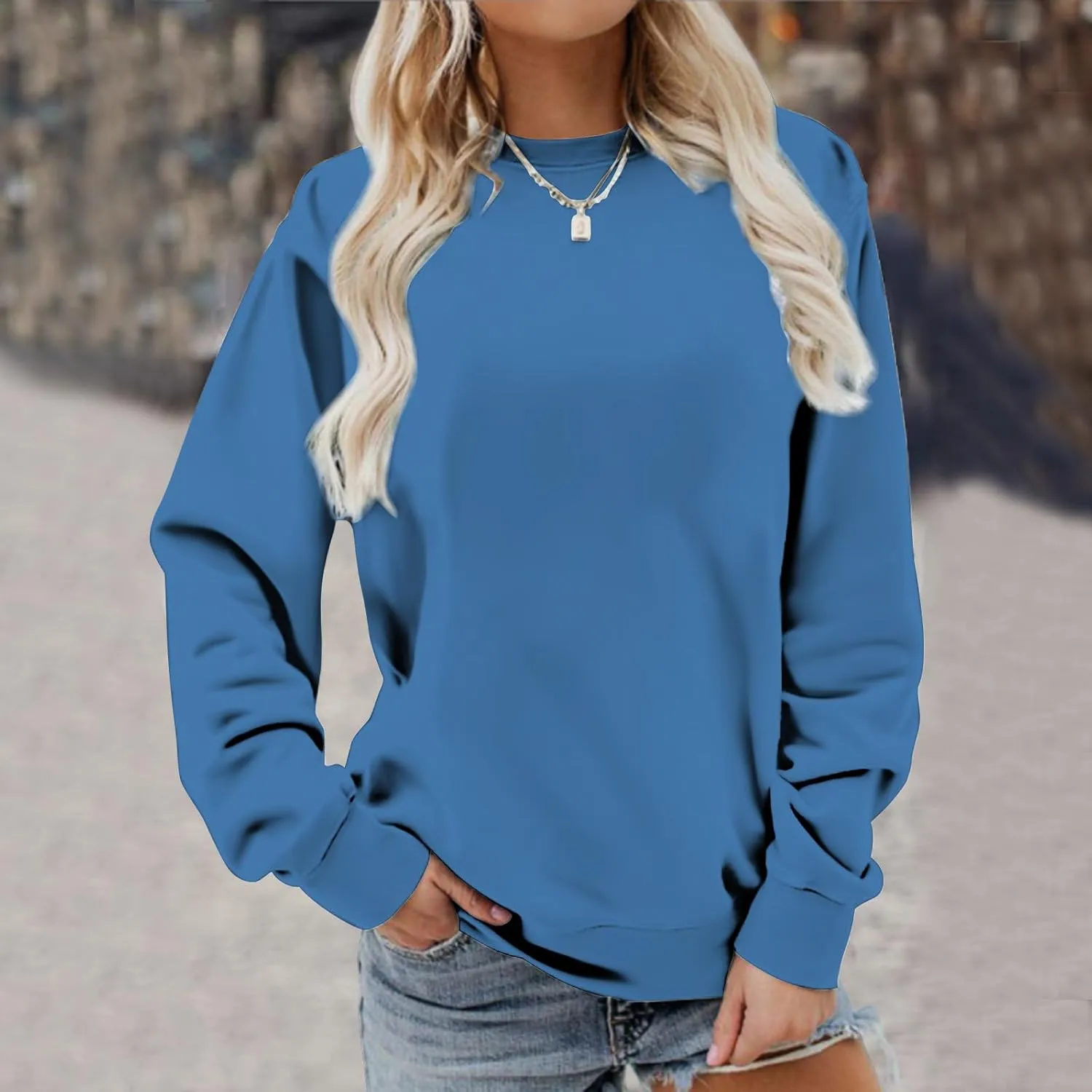 Ceboyel Womens Long Sleeve Shirts 2023 Solid Color Crew Neck Sweatshirts Loose Fit Pullover Tops Trendy Casual Fall Clothes