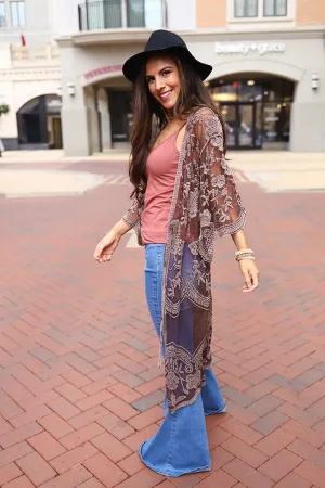 Celeste Stone Washed Lace Kimono Duster - Brown