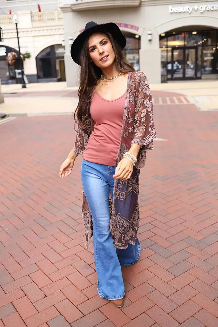 Celeste Stone Washed Lace Kimono Duster - Brown