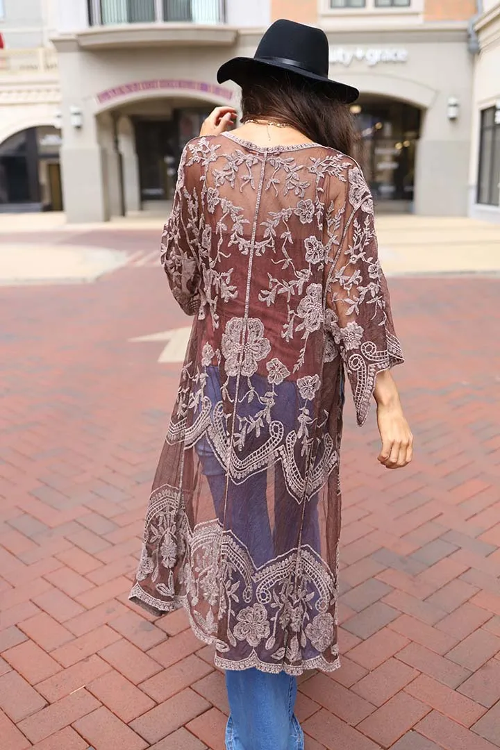 Celeste Stone Washed Lace Kimono Duster - Brown