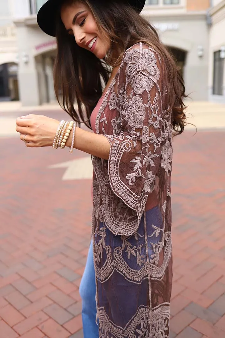 Celeste Stone Washed Lace Kimono Duster - Brown