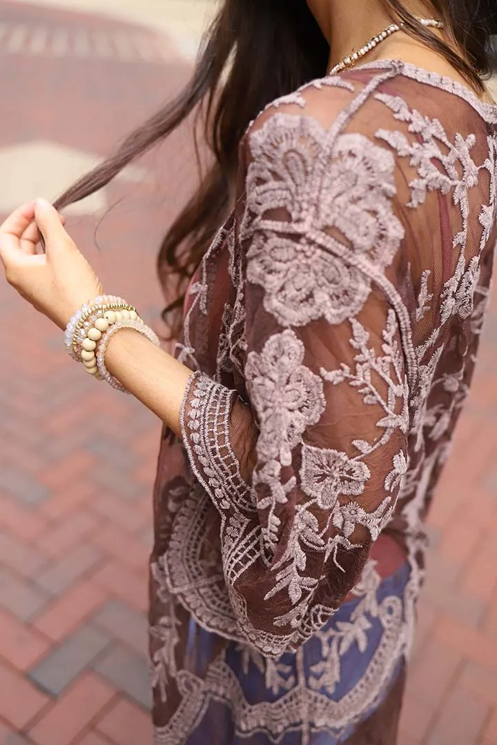Celeste Stone Washed Lace Kimono Duster - Brown