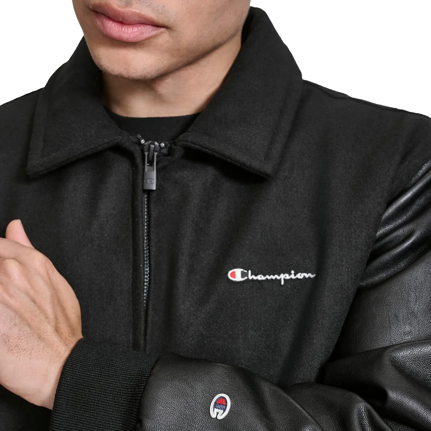 Champion Men's Letterman Varsity Bomber Zipper Closure Jacket with Faux Leather Sleeves