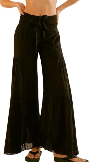 CHARTOU Women Elegant High Rise Pleated Pants Palazzo Flared Wide Leg Pants Smocked Waist Tie Cotton Trouser