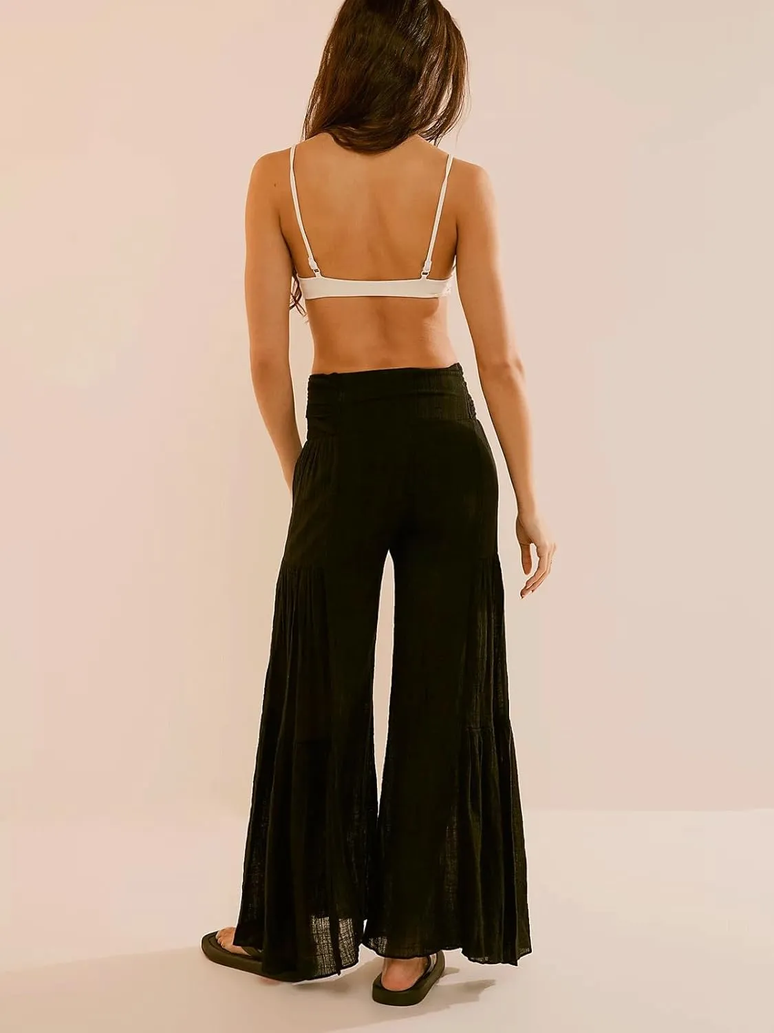 CHARTOU Women Elegant High Rise Pleated Pants Palazzo Flared Wide Leg Pants Smocked Waist Tie Cotton Trouser