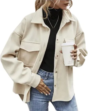 CHARTOU Women's Loose Turn Down Lapel Single Breasted Short Pea Coat Jacket