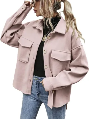 CHARTOU Women's Loose Turn Down Lapel Single Breasted Short Pea Coat Jacket
