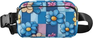 Checkered Flower Fanny Pack Water Resistant, Women Men Waist Pack Sling Bag Purse for Travel Hiking