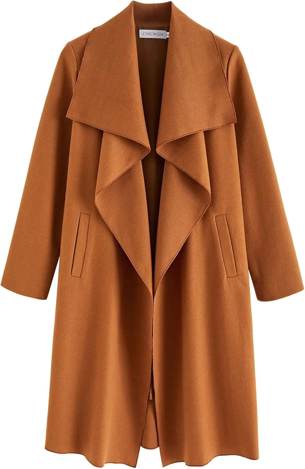 CHICWISH Women's Wide Lapel Open Front Long Sleeve Sand/Wine/Black/Grey Wool Blend Trench Coat