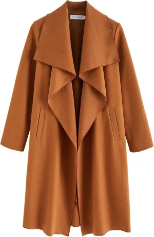 CHICWISH Women's Wide Lapel Open Front Long Sleeve Sand/Wine/Black/Grey Wool Blend Trench Coat